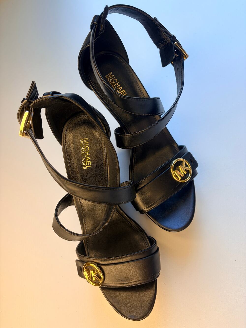 Michael Kors Black Wedge Platform Sandals MK Logo Ankle Strap Size 7.5
